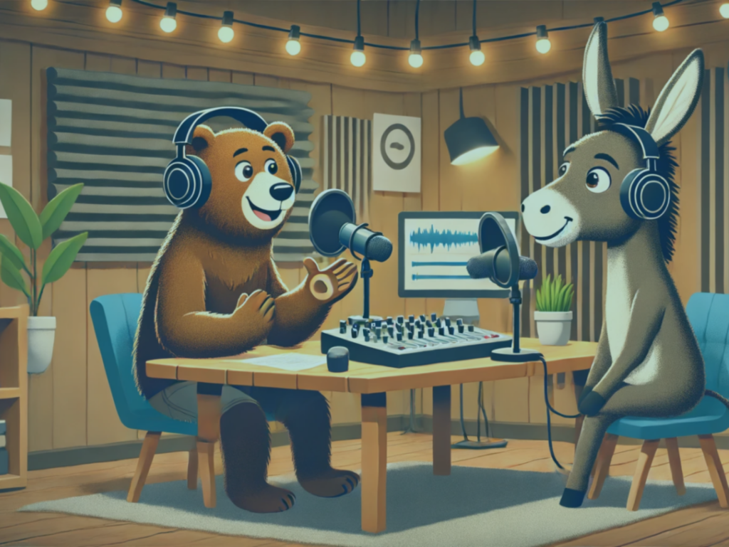 Ein Bär und ein Esel nehmen einen Podcast auf - Headerbild für den Blogbeitrag "Der Podcast Abschließende Arbeit" auf dem Blog der Podcastwerkstatt